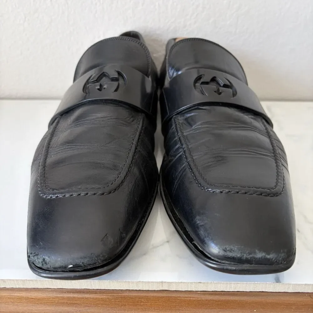 Gucci Interlocking GG Leather Slip On Loafers Size 10.5 Black